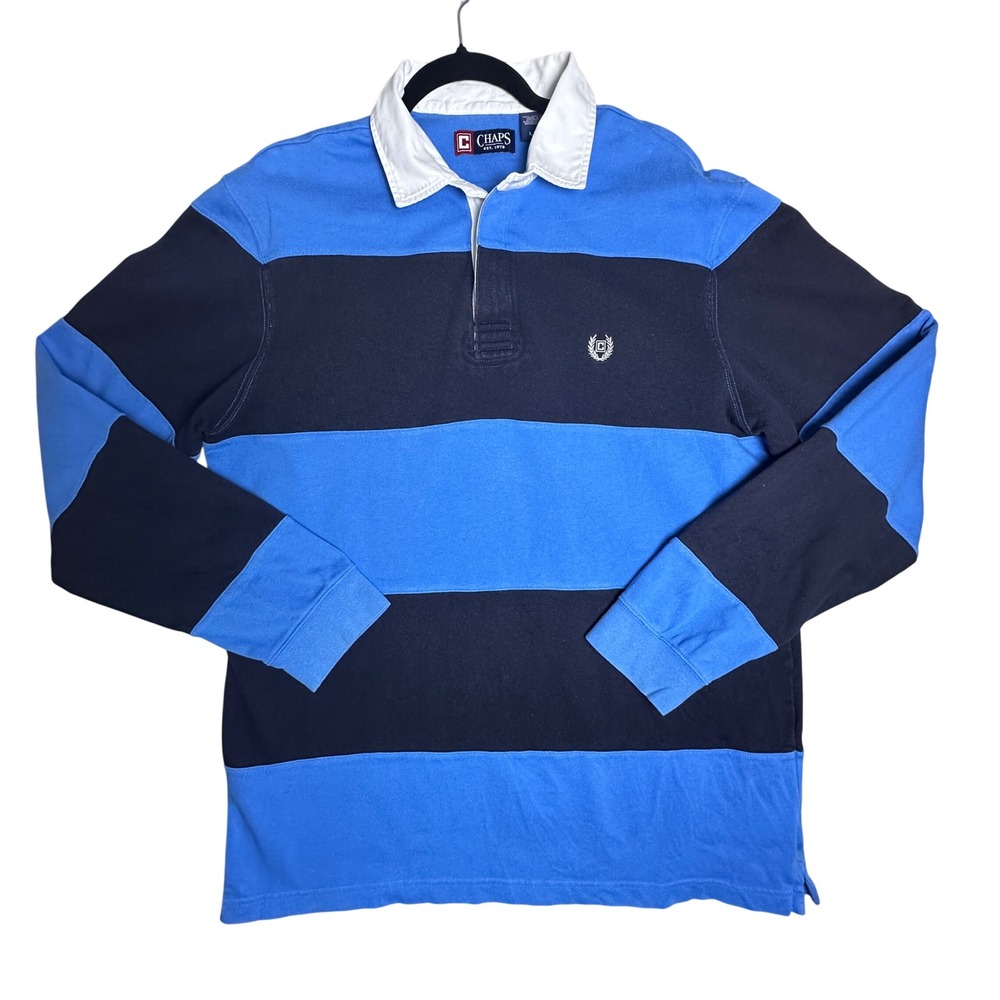Chaps Mens Long Sleeve‎ Striped Rugby Shirt Large Blue Navy Crest Logo Varsity